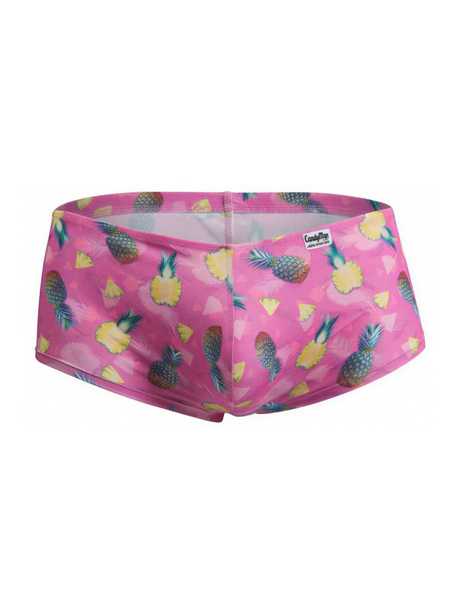 Pink CandyMan 99922 swim trunks with vibrant yellow green and brown pineapple print pattern for beachwear