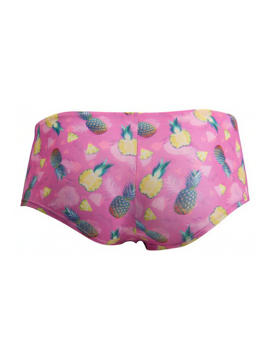 Candyman 99922 trunks are pink swim shorts with a vibrant yellow pineapple print and green tops on bright pink fabric