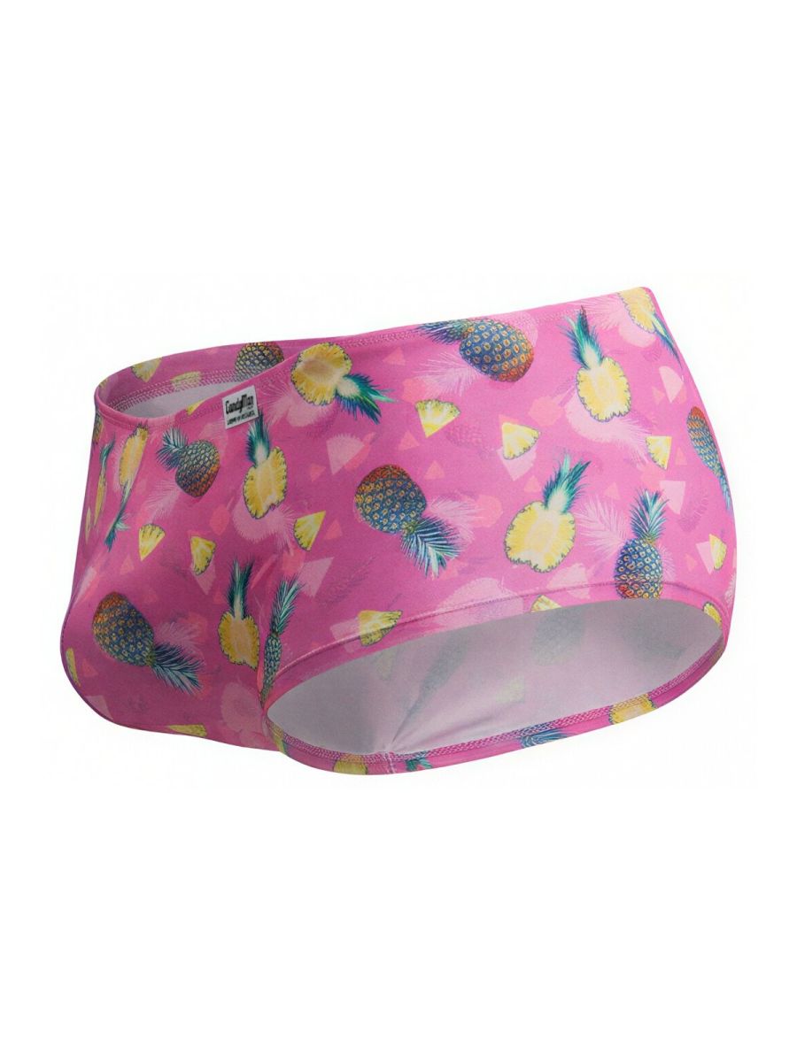 Pink swim trunks candyMan 99922 featuring a vibrant yellow and green pineapple print on bright pink fabric