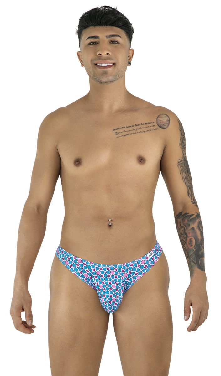 CandyMan 99923 briefs swim trunks with blue and pink geometric pattern for stylish beachwear