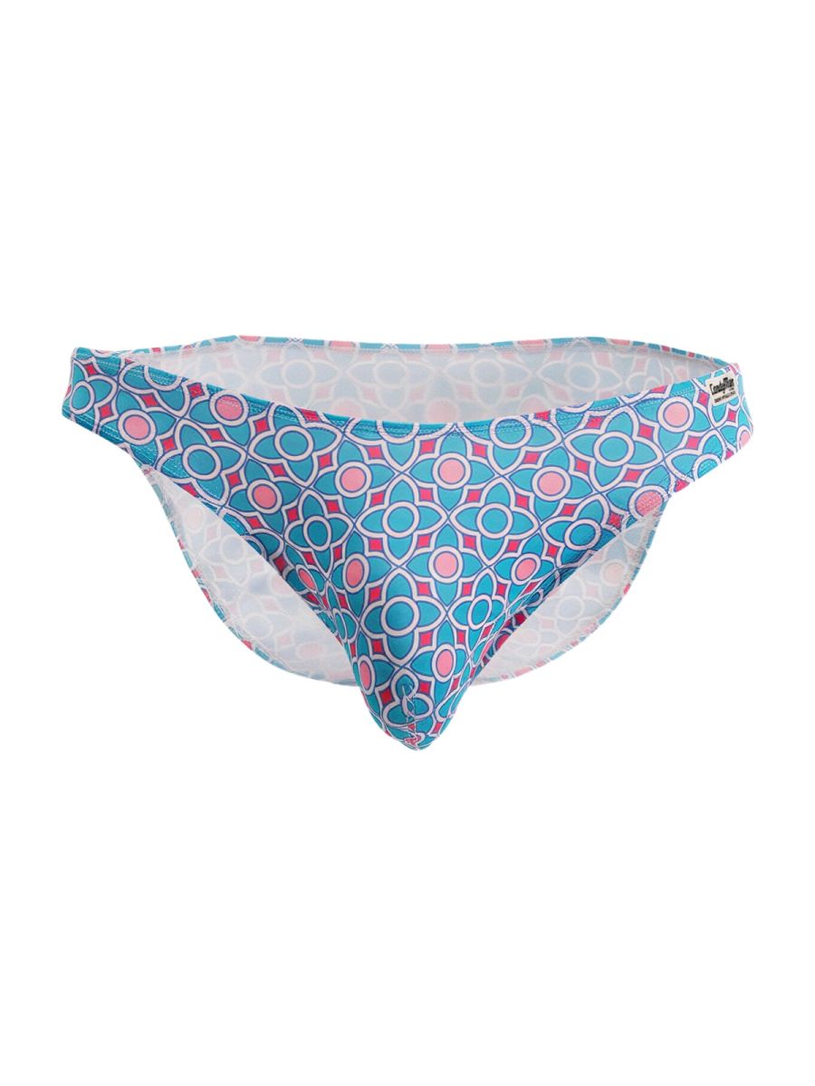 CandyMan 99923 briefs color printed blue swim trunks with blue and pink geometric patterns and white inner lining