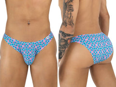 CandyMan 99923 briefs color printed blue men’s swim trunks with blue and pink geometric pattern for swimming