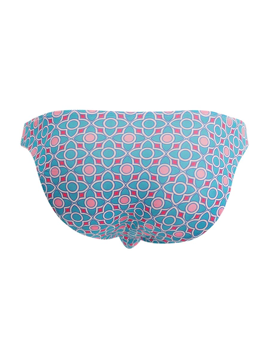 A pair of candyMan 99923 briefs in turquoise and pink geometric pattern with white outlines bikini bottoms