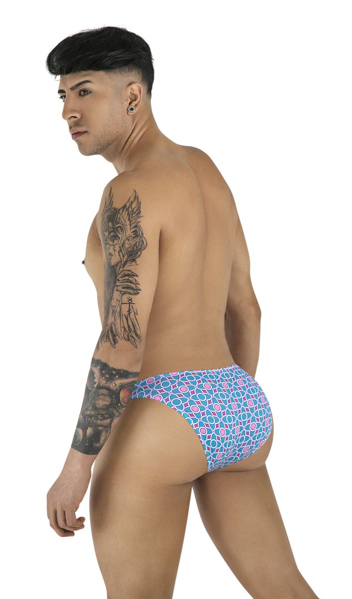 Candyman 99923 briefs in blue with pink geometric pattern men’s printed cotton underwear front view