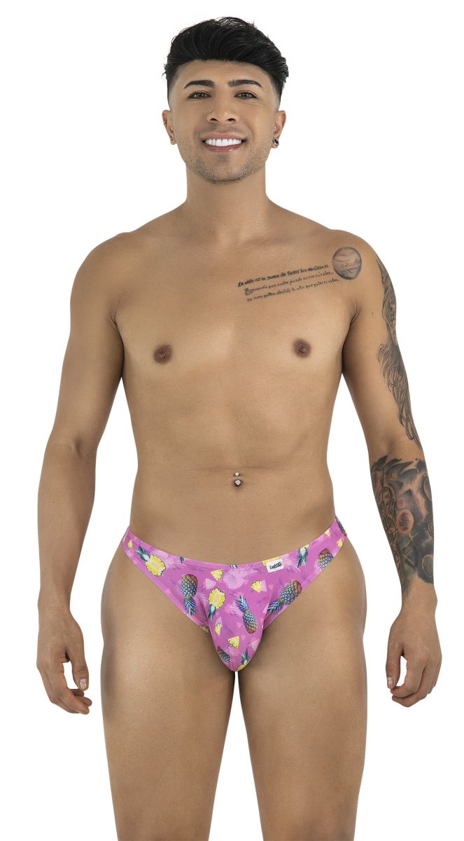 CandyMan 99923 bikini color printed pink briefs with yellow pineapples and green leaves tropical pattern