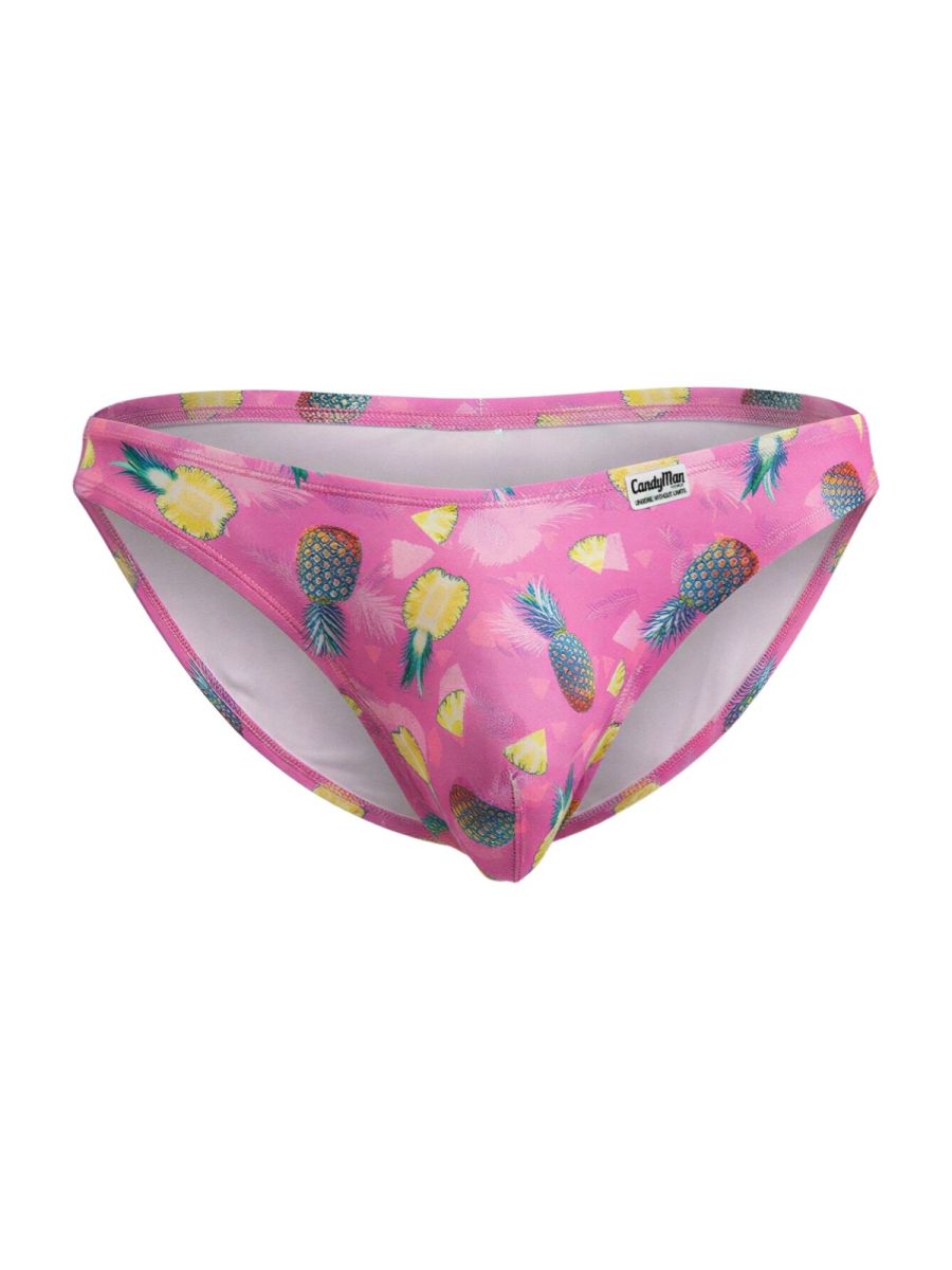 CandyMan 99923 bikini color printed pink men’s briefs with pineapple pattern white interior and small brand tag
