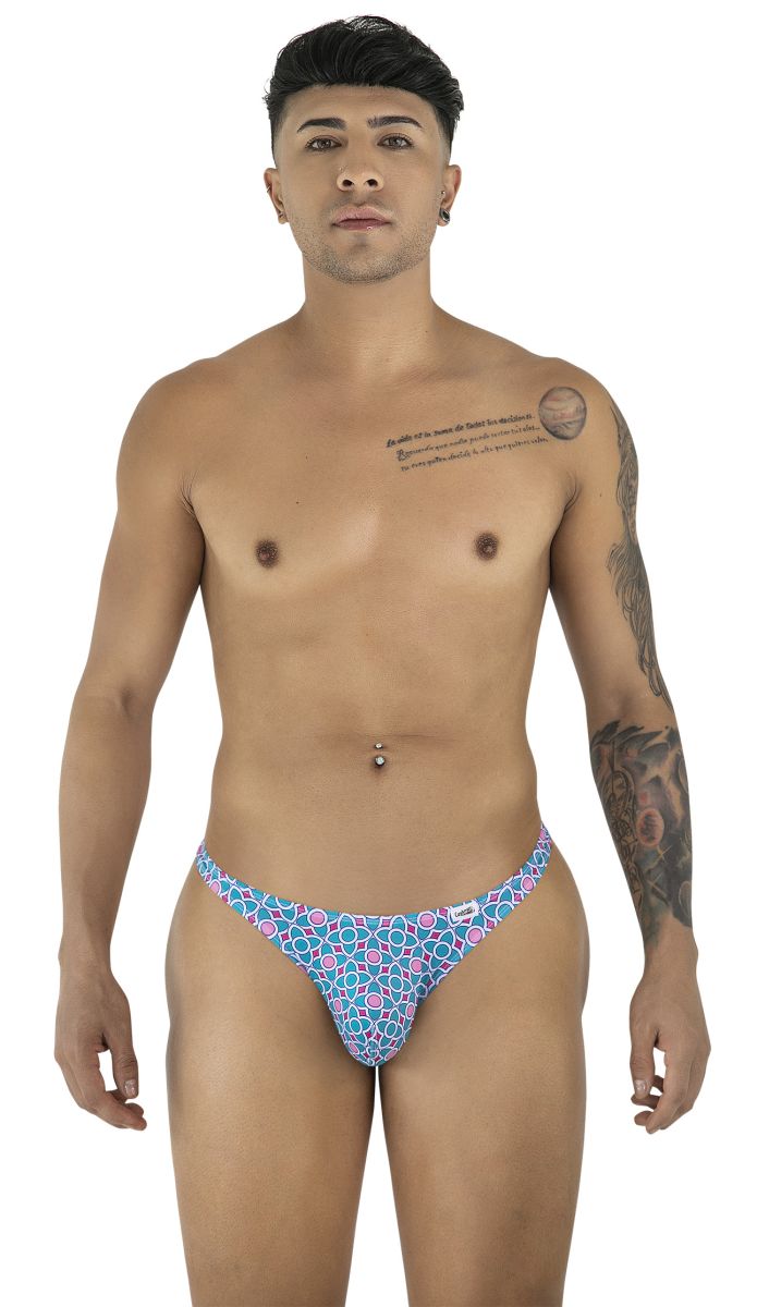 CandyMan 99924 thong with blue and pink geometric print and small white brand tag on the side