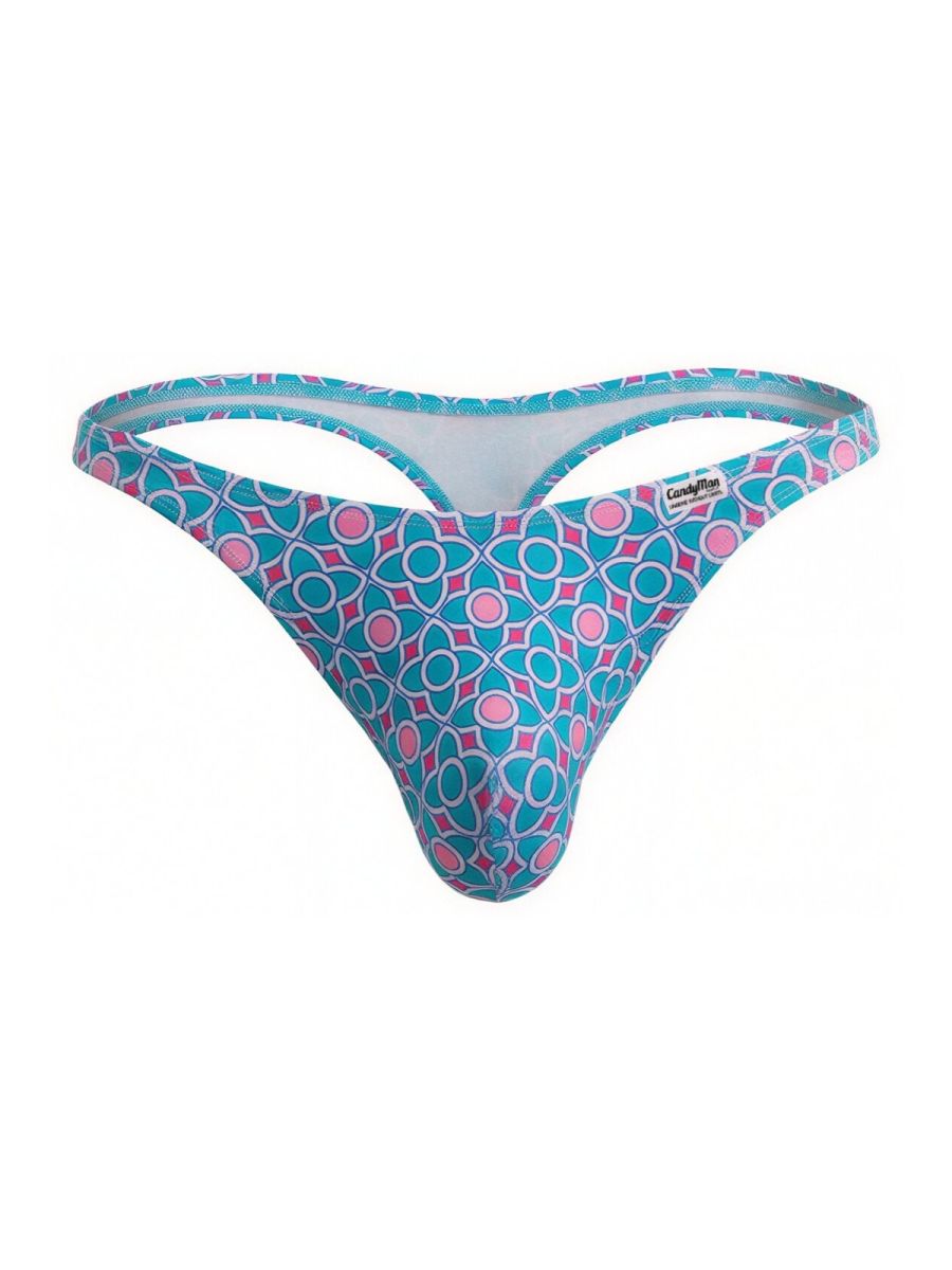 CandyMan 99924 thong with turquoise and pink geometric print and white inner lining shown from the back side