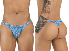 Blue and pink geometric patterned thong with small white brand tag from CandyMan 99924 color printed collection