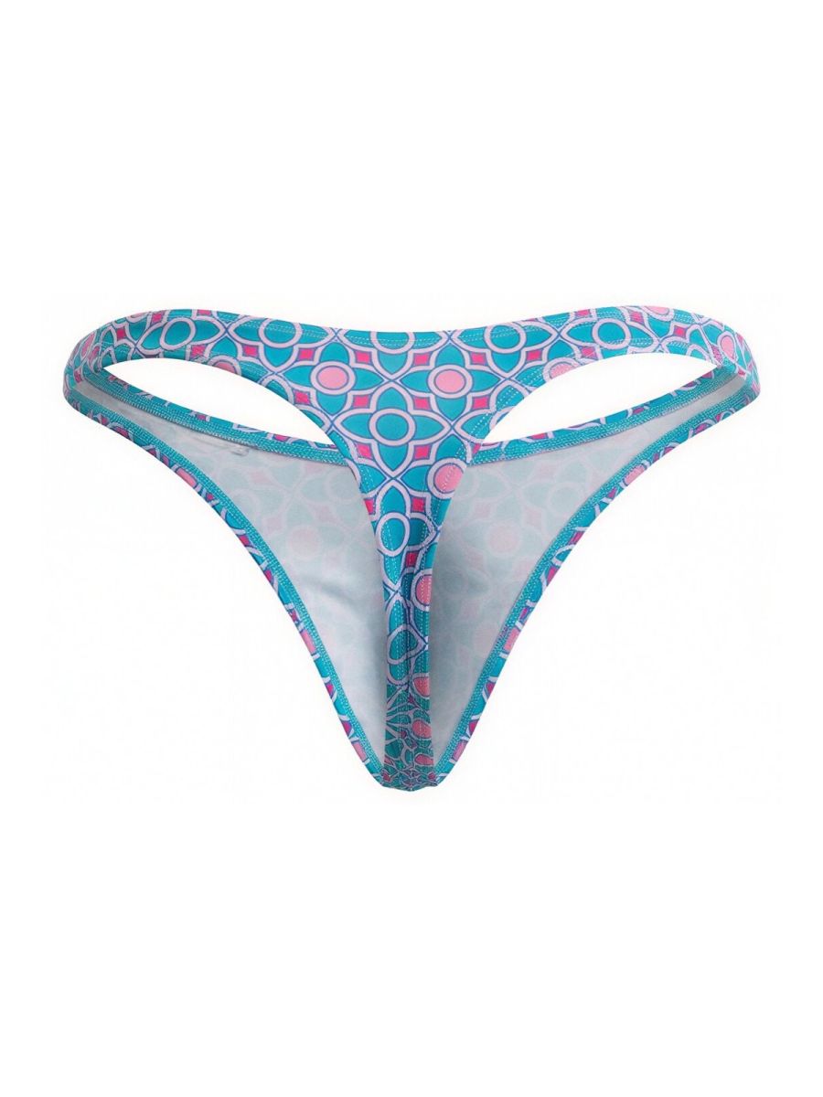 CandyMan 99924 thong with turquoise and pink geometric pattern and white interior lining in blue color scheme