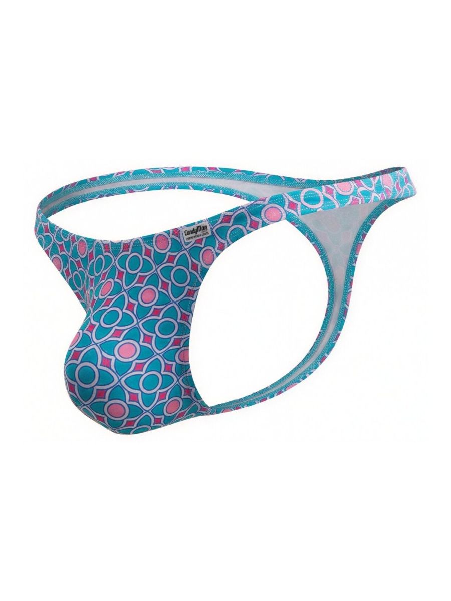 CandyMan 99924 men’s thong with turquoise and pink geometric pattern and white inner lining in blue tones