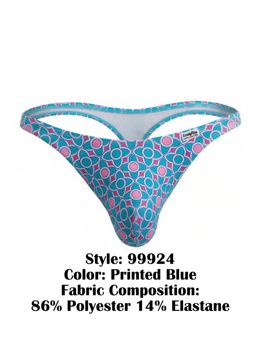 Blue printed thong by Candyman with geometric pink and white circles on turquoise fabric for stylish underwear wear