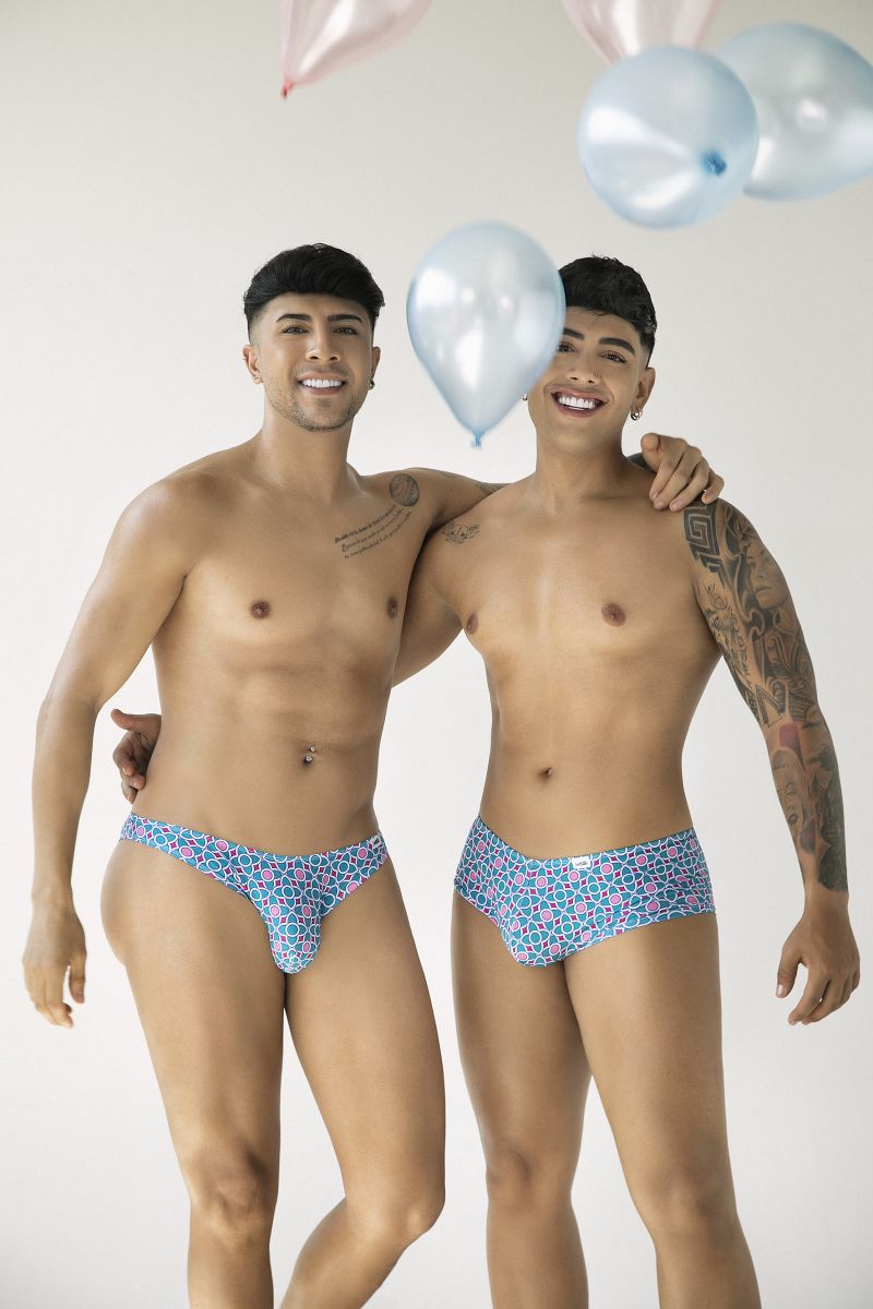 Blue patterned briefs with geometric design from candyman 99924 thongs color printed blue showing front side view
