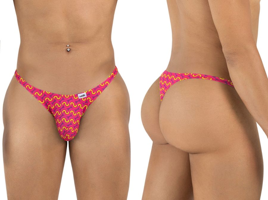 Vibrant pink and orange wavy patterned fuchsia thong with small white candyman brand tag