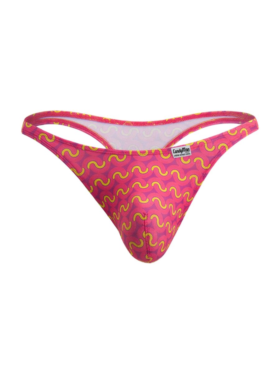 A vibrant pink thong with bold yellow wavy pattern and candyman label from CandyMan 99924 color printed fuchsia collection