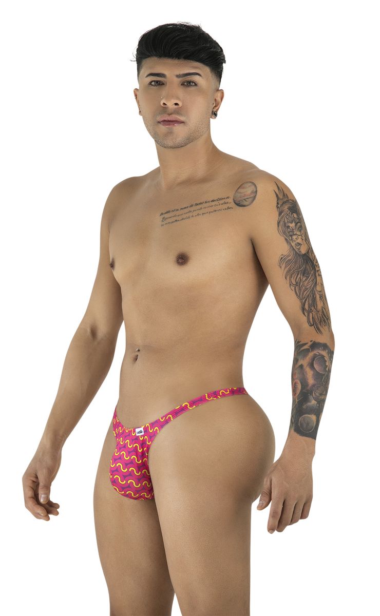 The CandyMan 99924 thong features a vibrant pink and orange wavy pattern with a snug fit