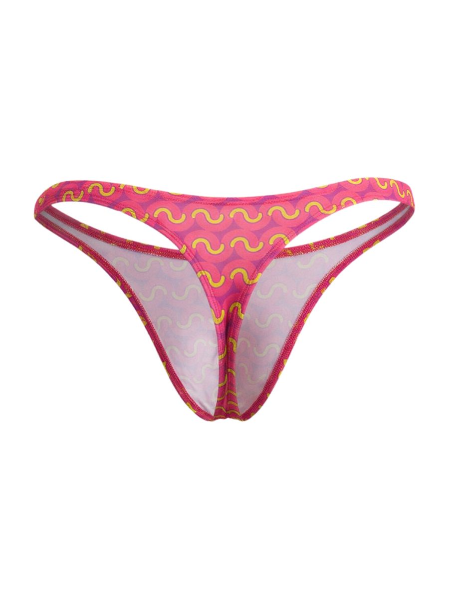 CandyMan 99924 thong in vibrant fuchsia with bold yellow wavy print and sheer mesh lining front view