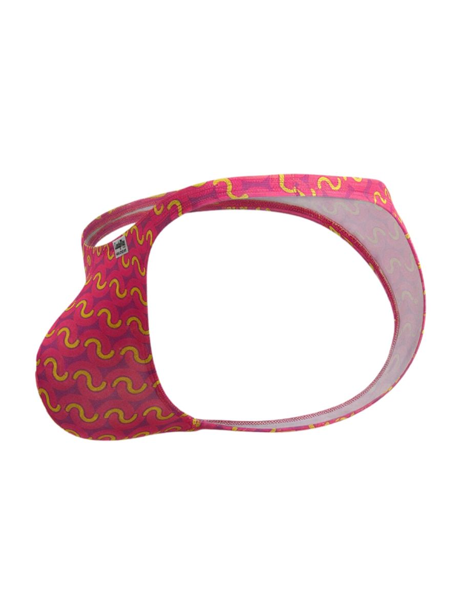 A vibrant pink and yellow patterned men’s candyMan 99924 printed fuchsia thong with a snug, form-fitting design