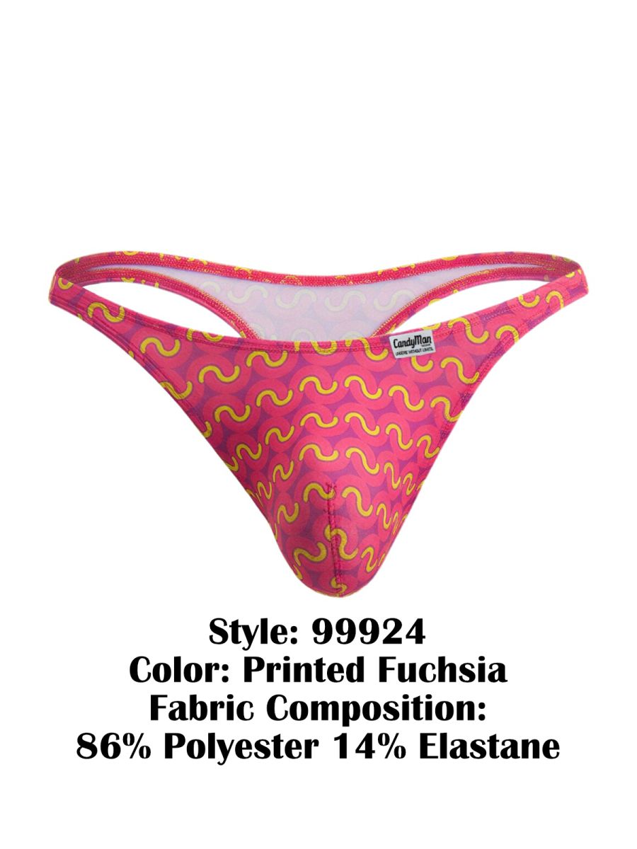 CandyMan 99924 thong in fuchsia with yellow wavy print made from 86 polyester and 14 elastane fabric