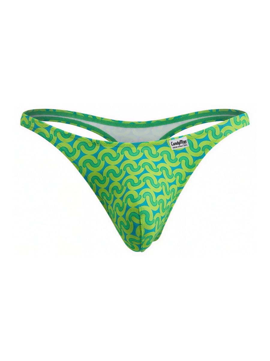 Vibrant lime green and teal patterned candyman 99924 thong with bold swirling design in printed fabric