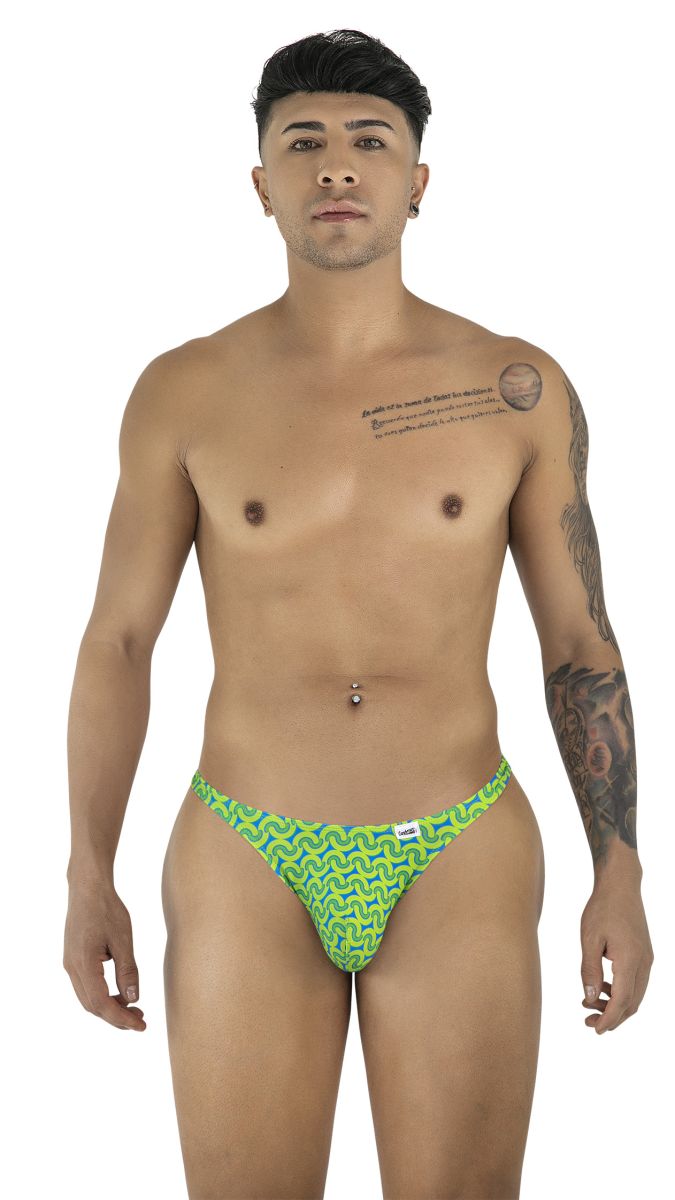CandyMan 99924 thongs in bright green and lime swim trunks with a bold zigzag pattern for vibrant summer wear
