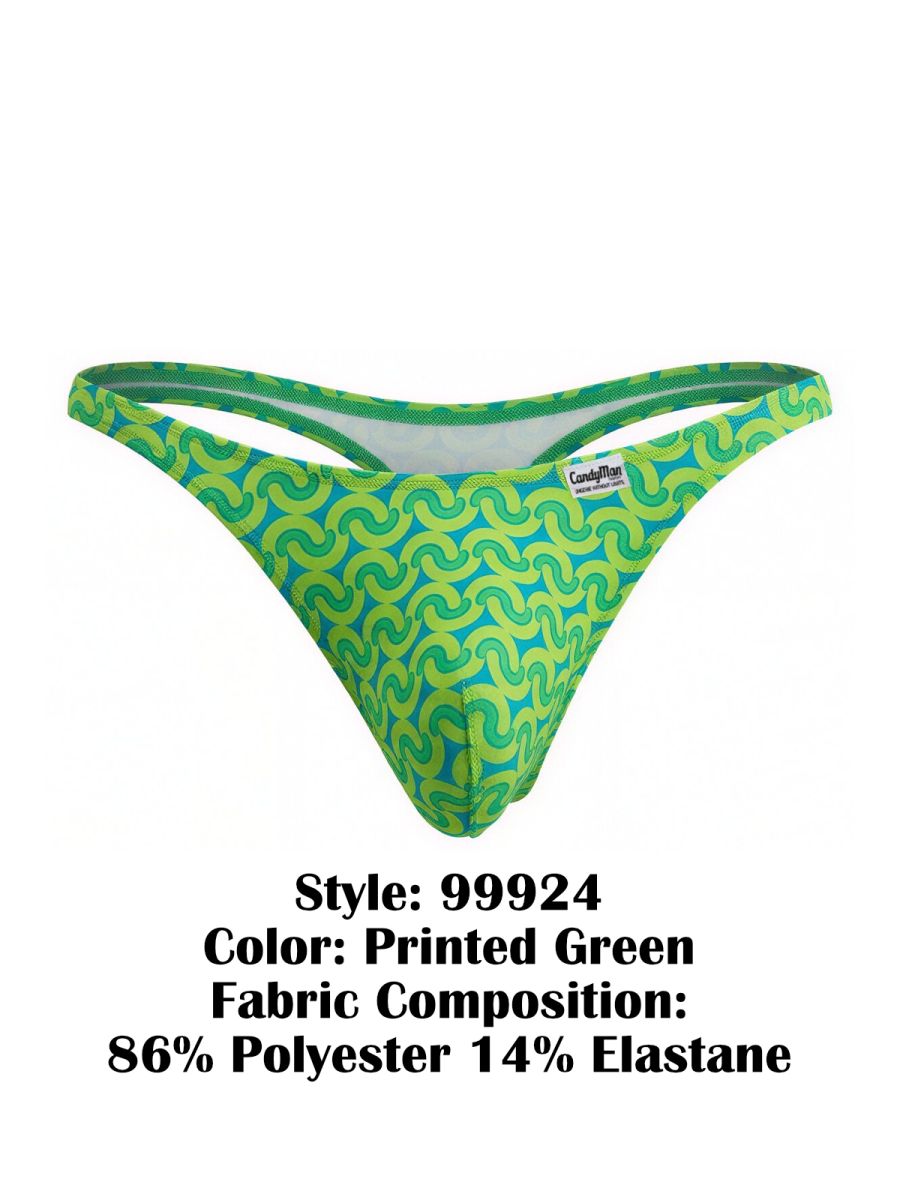 Vibrant printed green thong with swirling pattern made of 86% polyester and 14% elastane candy man 99924 thongs