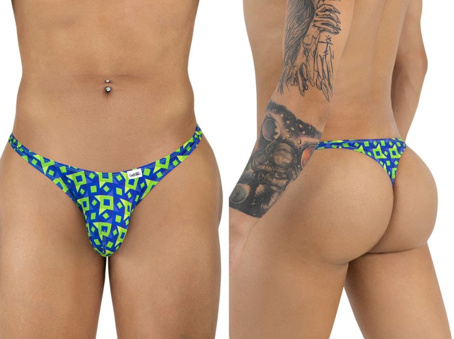 Blue and neon green geometric-patterned CandyMan 99924 thong with small white brand tag in navy color