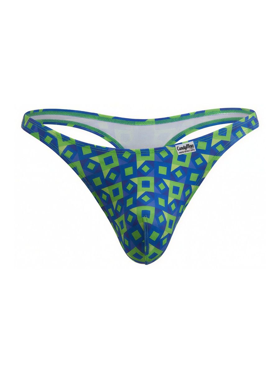 Blue and lime green geometric-patterned thong by candyman in navy printed color for comfortable wear