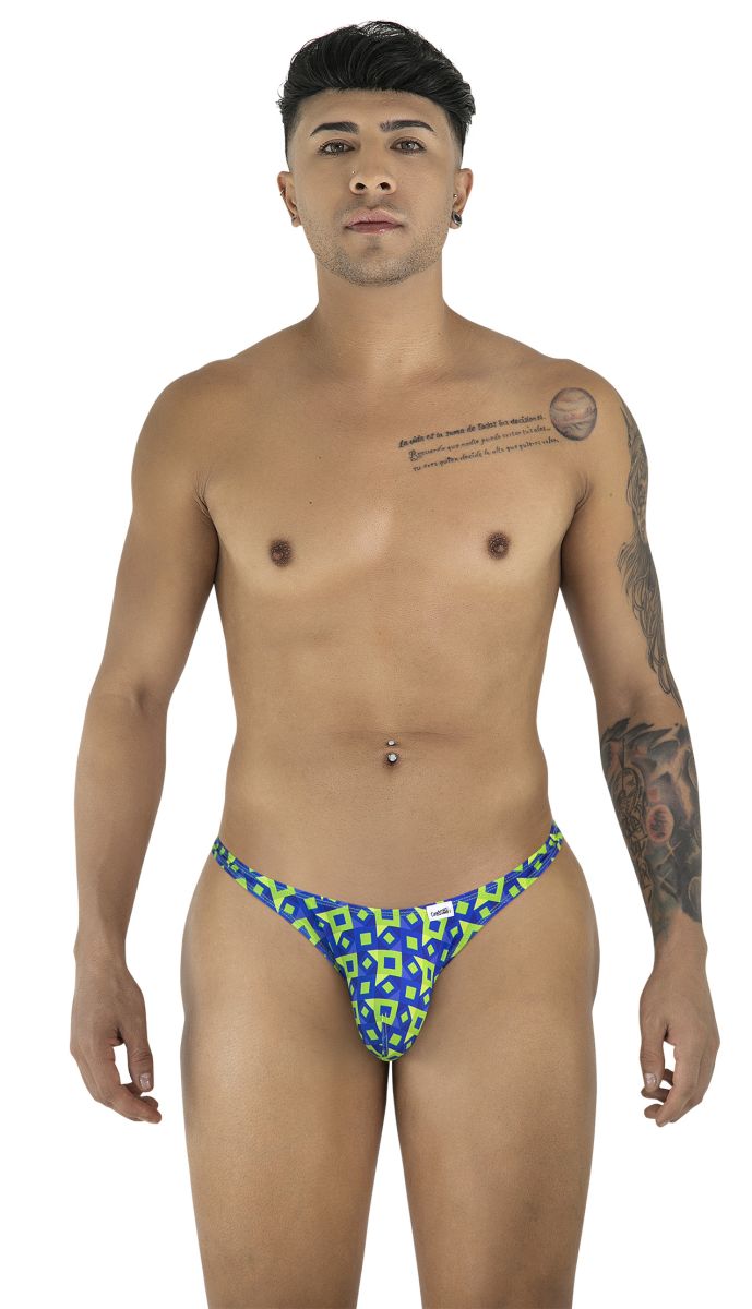 Blue and neon green patterned men’s thong with bold geometric design from Candyman 99924 printed navy collection
