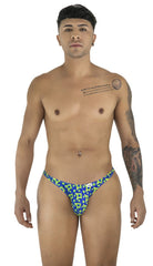 Blue and neon green patterned men’s thong with bold geometric design from Candyman 99924 printed navy collection