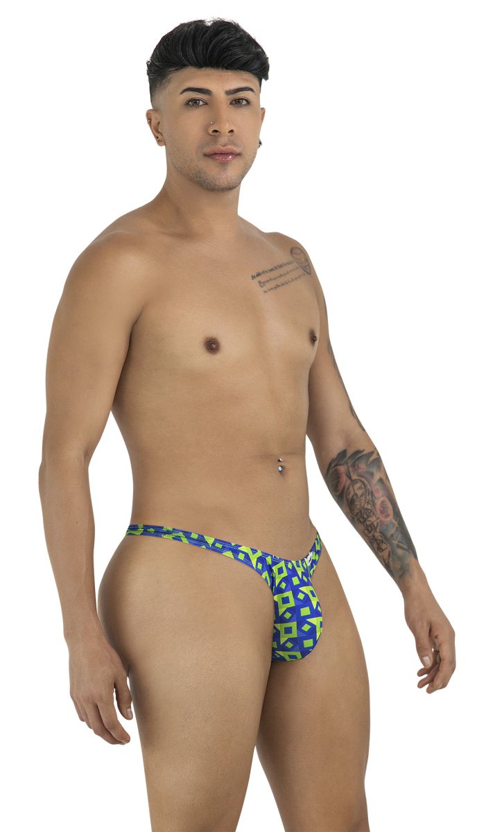 CandyMan 99924 thongs color printed navy blue and neon green geometric patterned men’s briefs front view