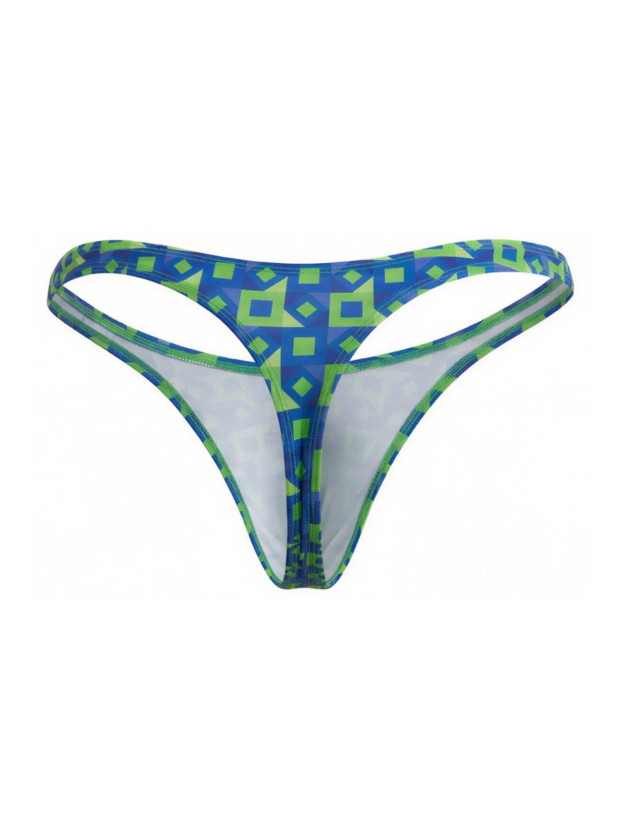 CandyMan 99924 thong in navy with blue and lime green geometric pattern and white interior lining visible from front