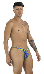 CandyMan 99924 thongs color printed navy blue and neon green geometric patterned men’s briefs front view