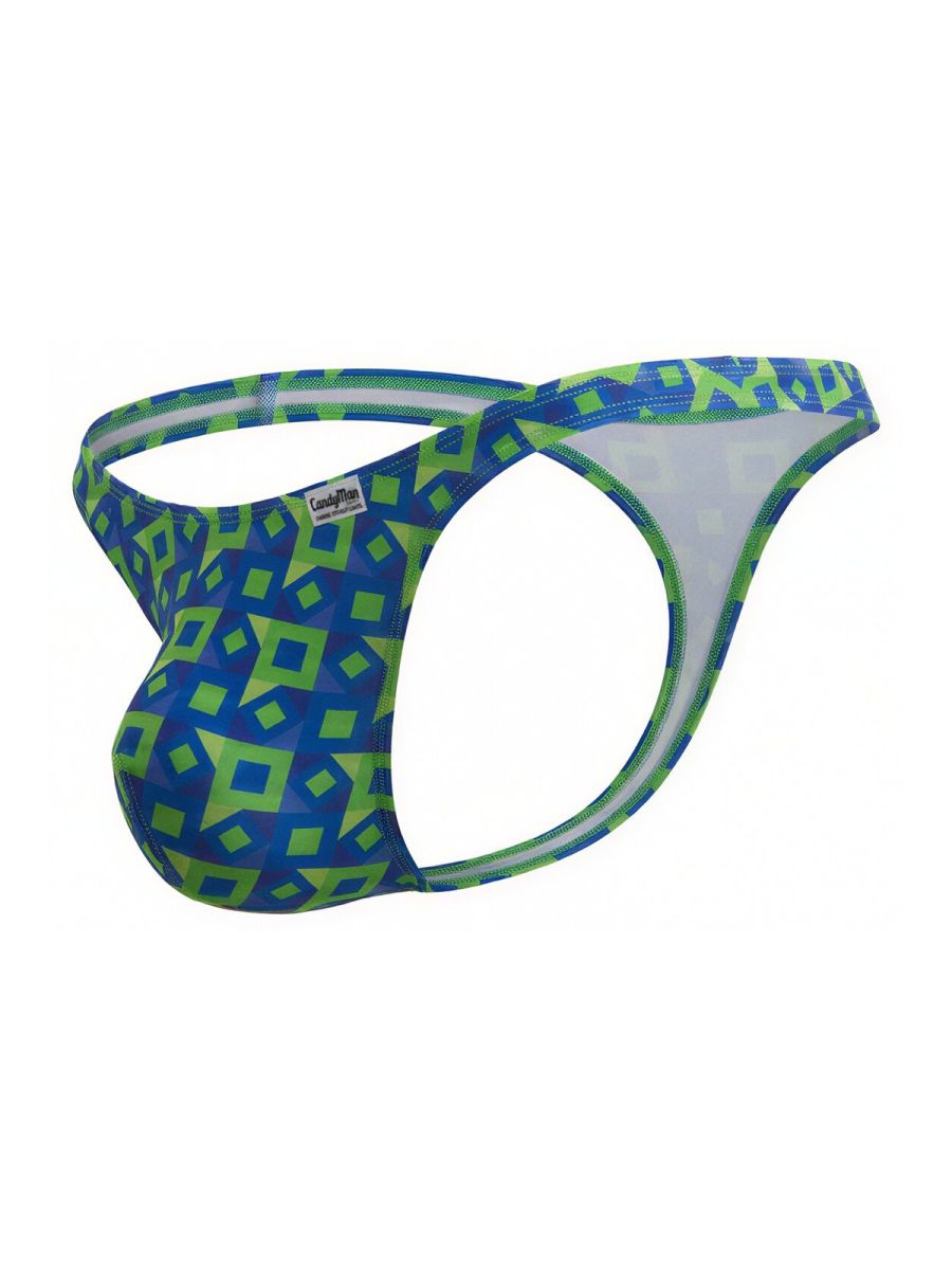Candyman 99924 thong with blue and neon green geometric pattern and white inner lining for men navy color