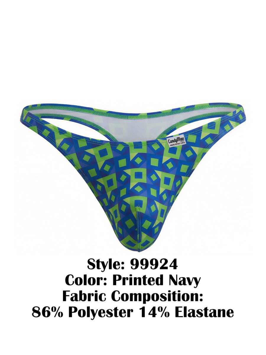 Blue and lime green patterned thong with geometric design made of 86 polyester 14 elastane candy man 99924 color printed navy