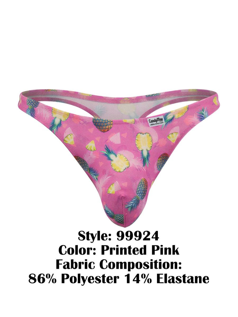 Pink printed thong with tropical pineapple and feather pattern made from 86 polyester and 14 elastane by candyman