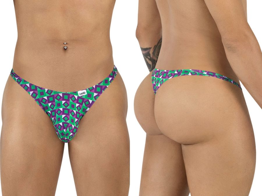 CandyMan 99924 thong with vibrant green and purple geometric print and white brand tag