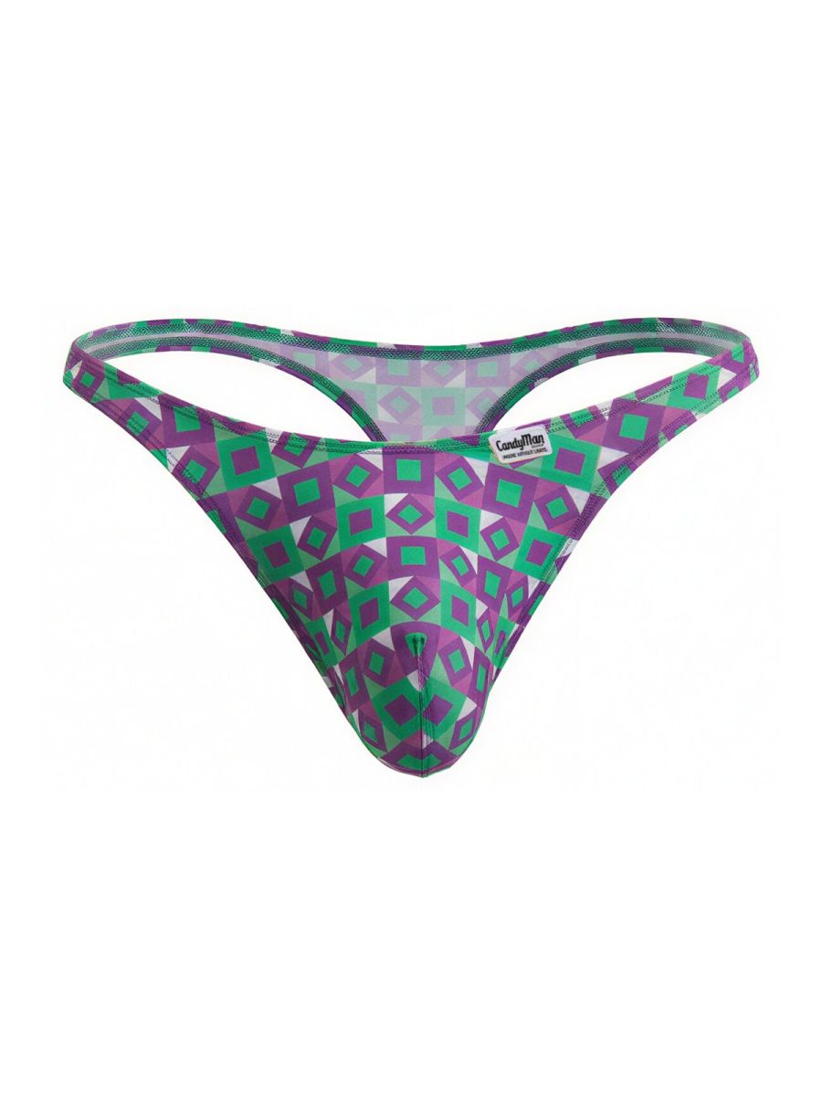 Purple and green geometric-patterned candyman 99924 thong showcasing printed colors and comfortable design