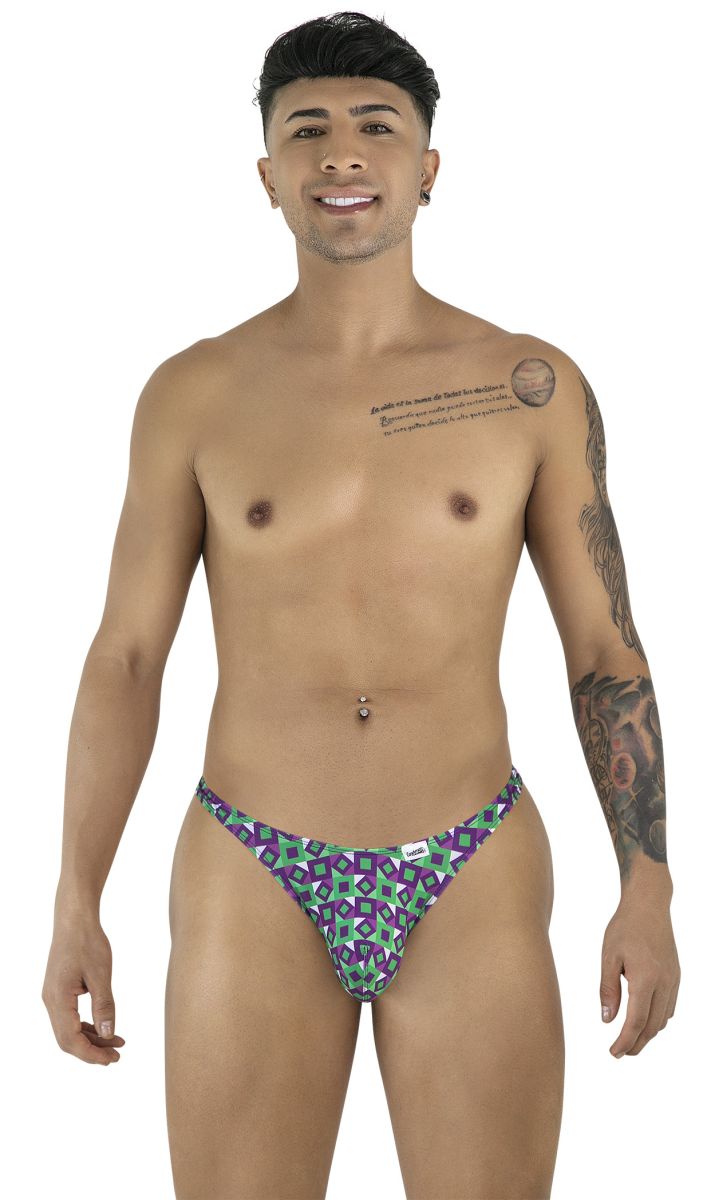 Purple and teal geometric patterned men’s briefs candyMan 99924 thongs color printed purple front view