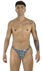 Purple and teal geometric patterned men’s briefs candyMan 99924 thongs color printed purple front view