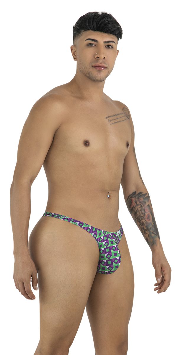 Purple and green geometric-patterned CandyMan 99924 thong with a snug form-fitting design shown from the front