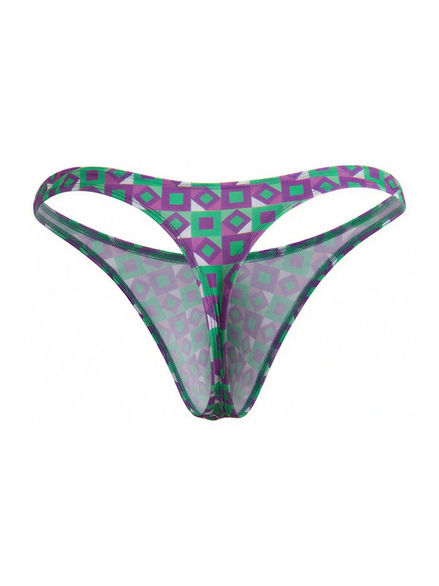 Purple and green geometric-patterned sheer thong with mesh fabric from candyman 99924 thongs color printed purple