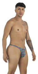 Purple and green geometric-patterned CandyMan 99924 thong with a snug form-fitting design shown from the front