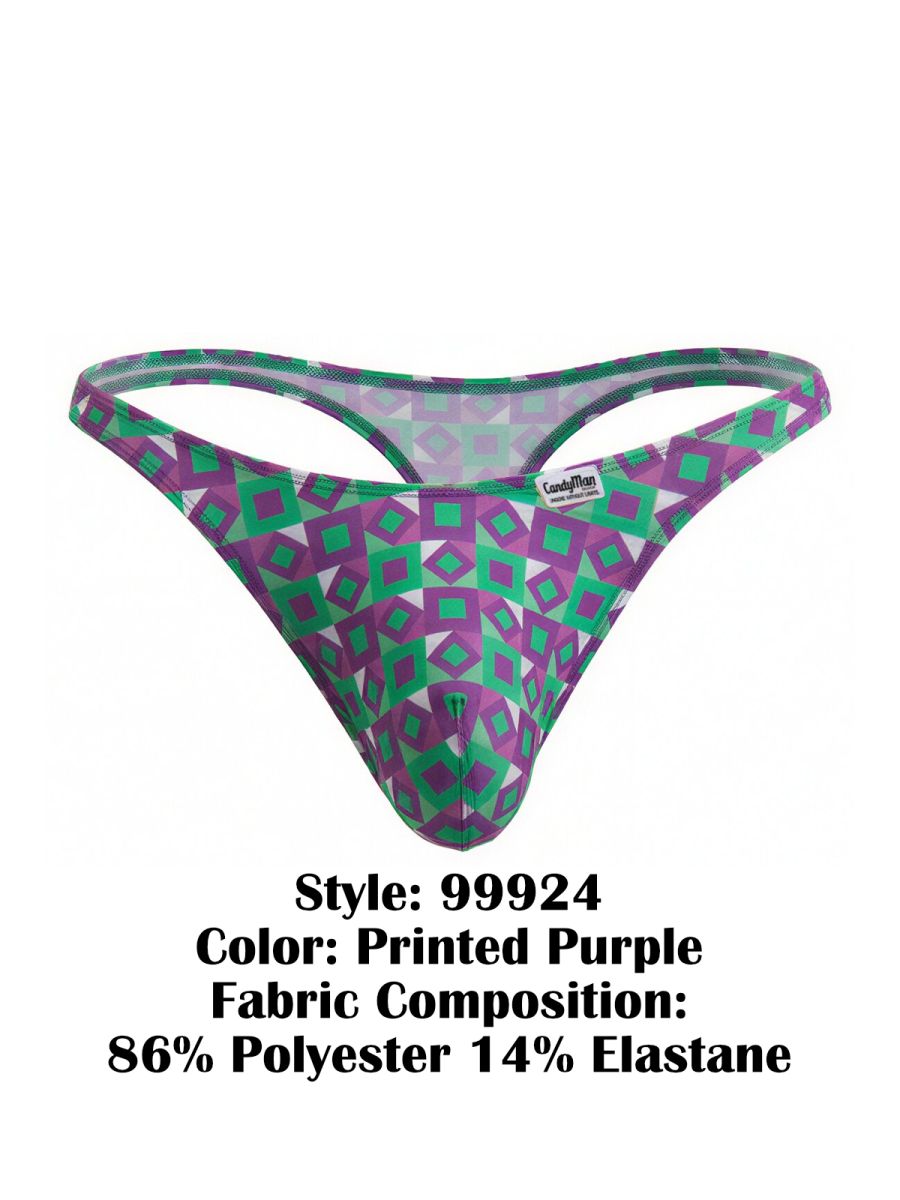 Purple and green geometric-patterned thong by candyman made of 86 polyester and 14 elastane for comfortable wear