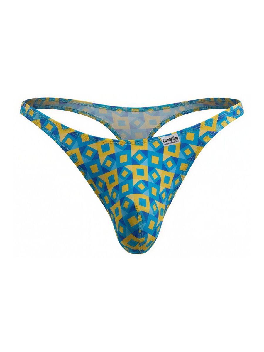 Blue and yellow geometric-patterned thong with transparent mesh back featuring candyman label from candyMan 99924 turquiose collection