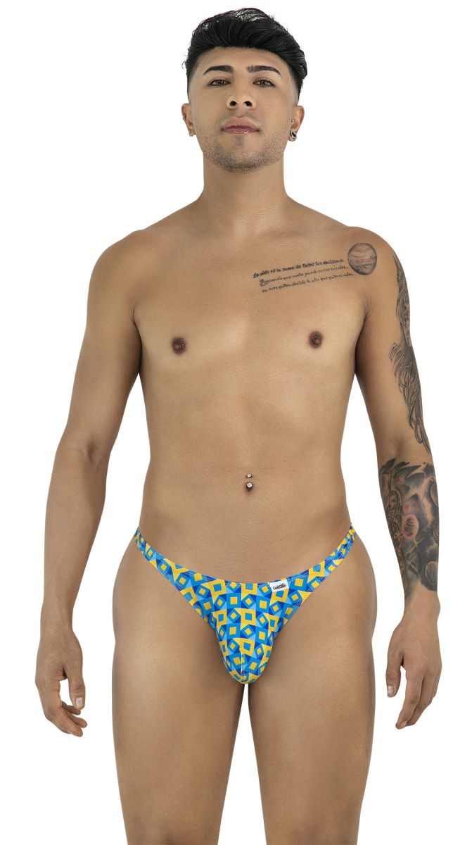 Candyman 99924 thongs color printed turquoise men’s briefs with blue and yellow geometric pattern