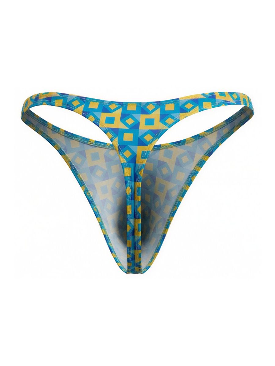 Candyman 99924 thong in turquoise with blue and yellow geometric pattern and sheer translucent fabric visible from back