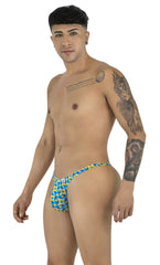 Candyman 99924 thongs color printed turquoise men’s briefs with blue and yellow geometric pattern front view