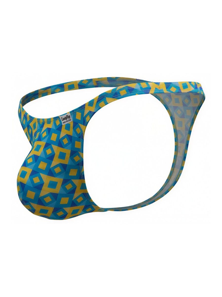 CandyMan 99924 thong in blue and yellow geometric pattern with snug form-fitting design in turquoise color