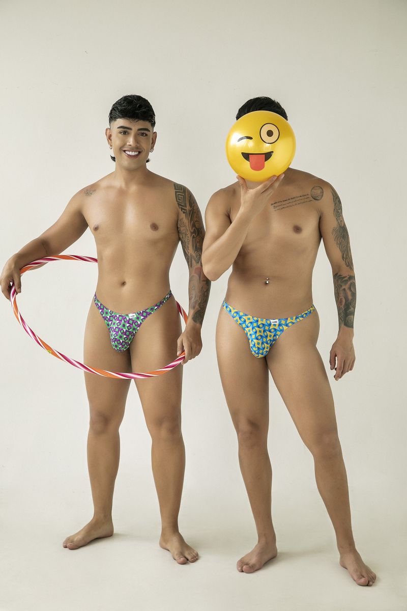The man on the left wears colorful patterned briefs with a vibrant turquoise floral design from Candyman 99924 thongs